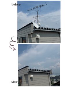 屋根上に設置されたアンテナ撤去後と撤去前のビフォーアフター