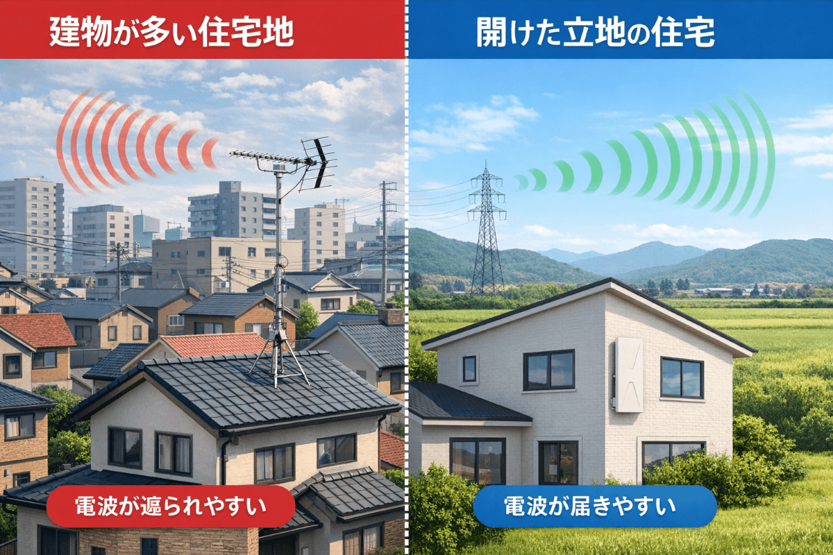 福井市の住宅密集地と開けた立地で電波の届き方が異なるアンテナ設置の違い