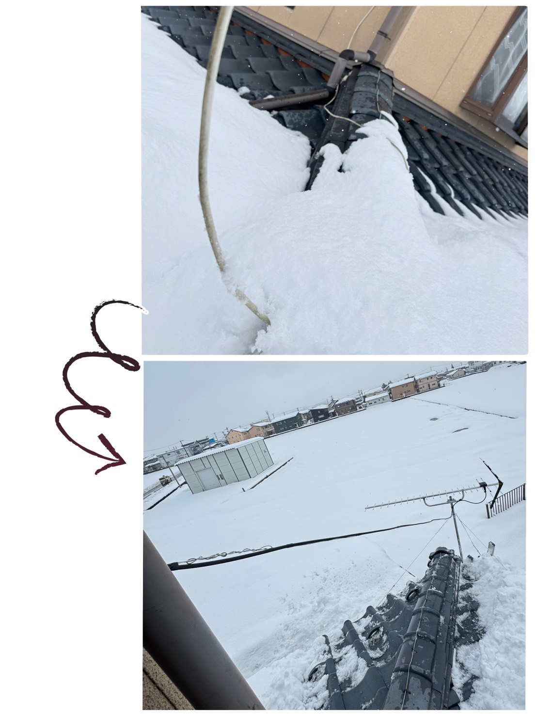 福井県越前市S様邸で地デジアンテナ取替工事の施工中の配線取り回しと屋根上の雪の状況