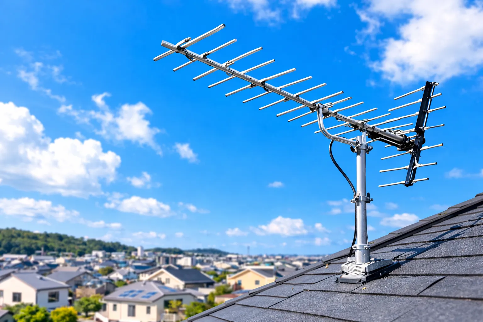 屋根の上に設置された八木式テレビアンテナ