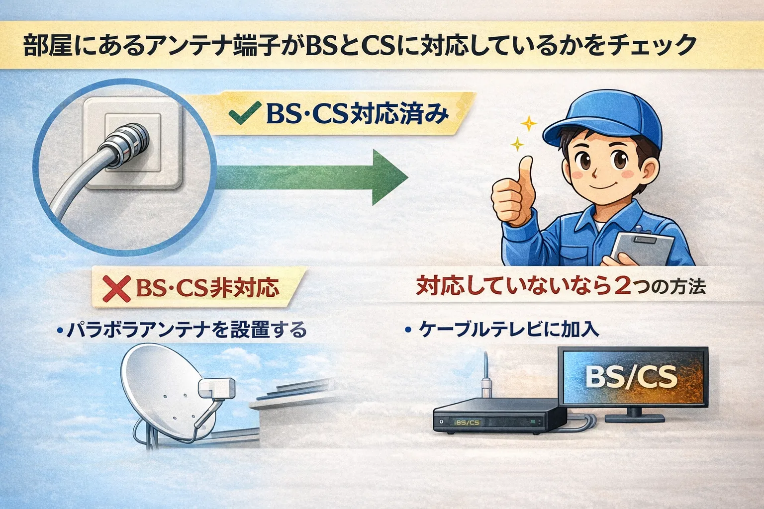 部屋のアンテナ端子がBS/CS対応かどうかを確認するイメージ