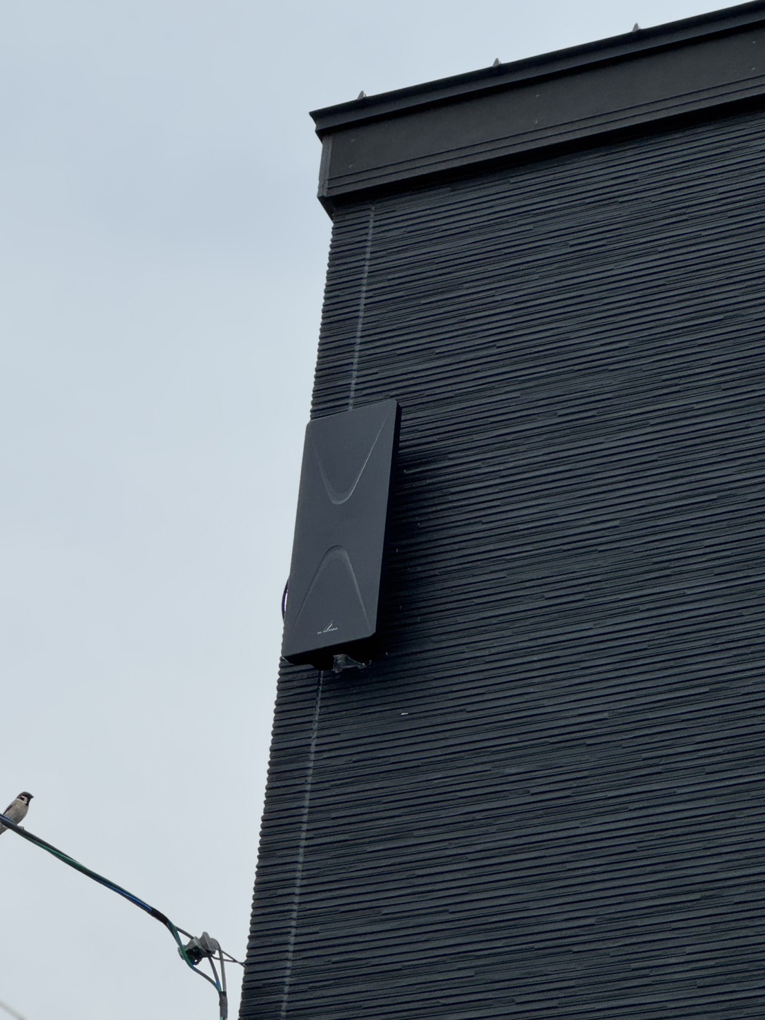外壁に設置されたブラックのデザインアンテナの施工後の様子