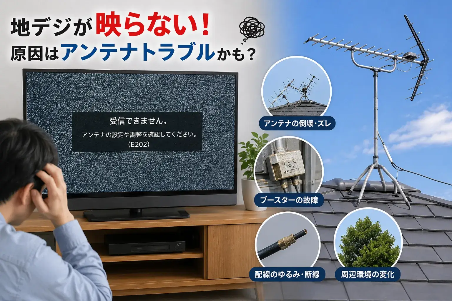 地デジが映らないテレビ画面とアンテナトラブルのイメージ