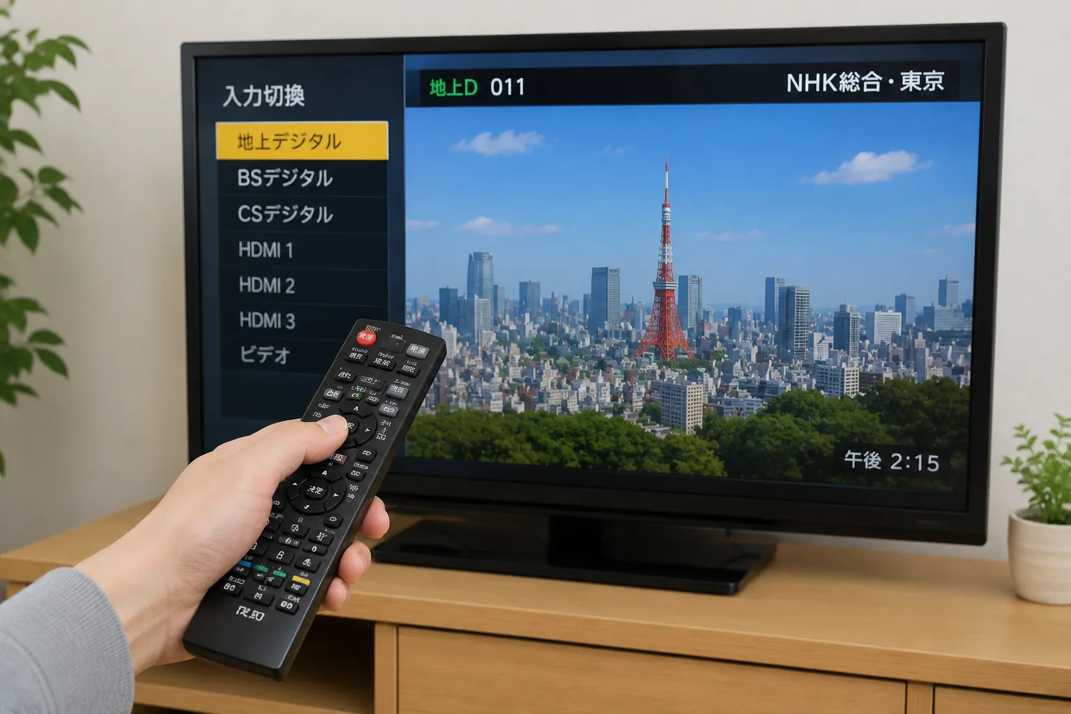 テレビリモコンで地デジ入力を確認するイメージ