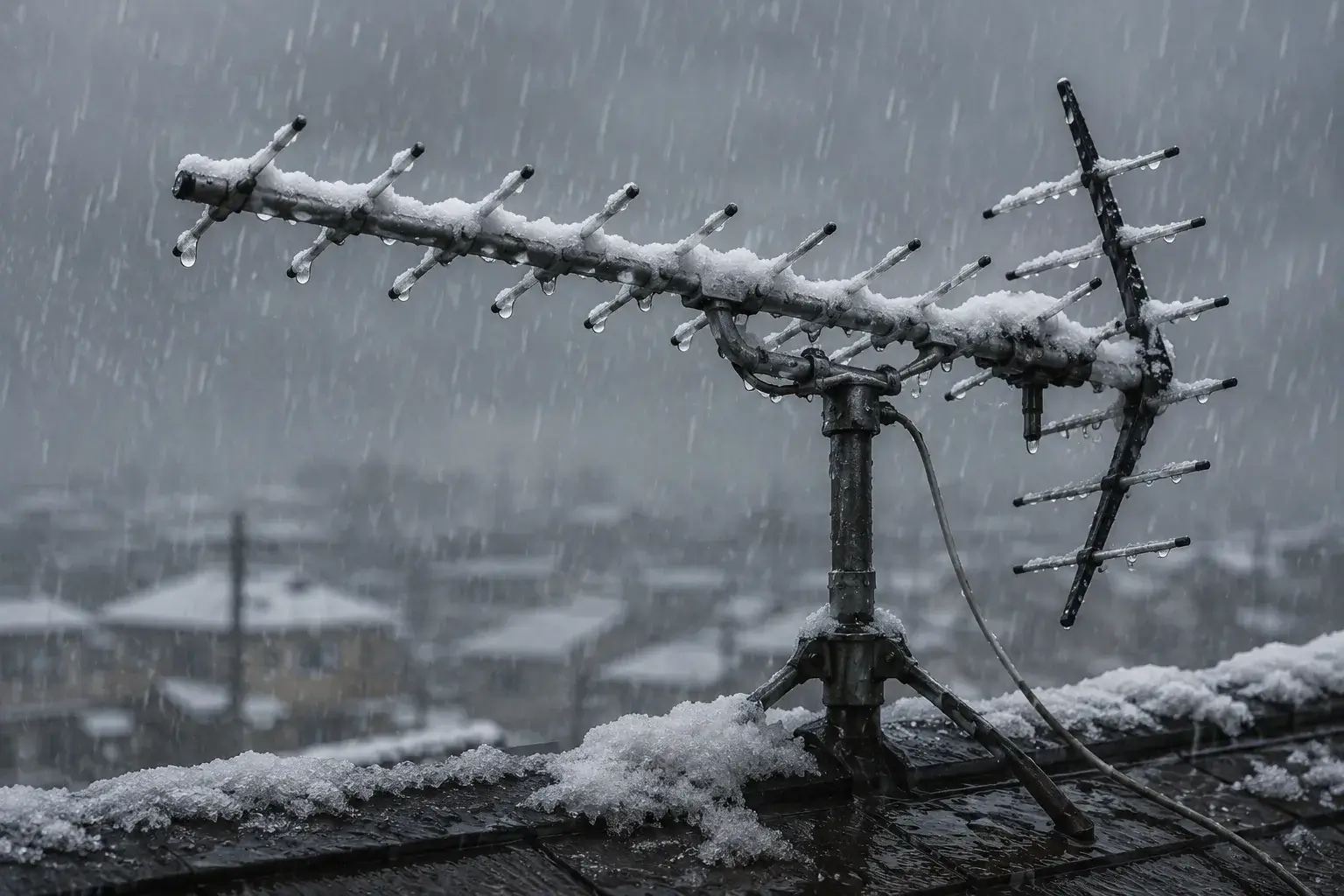 雪や雨の影響を受けたテレビアンテナ