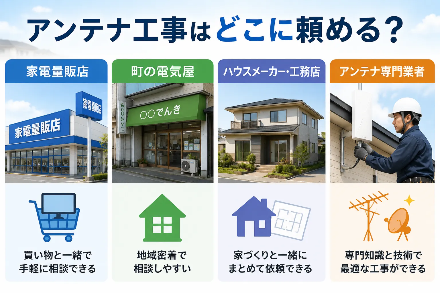家電量販店・町の電気屋・ハウスメーカー・専門業者の違い