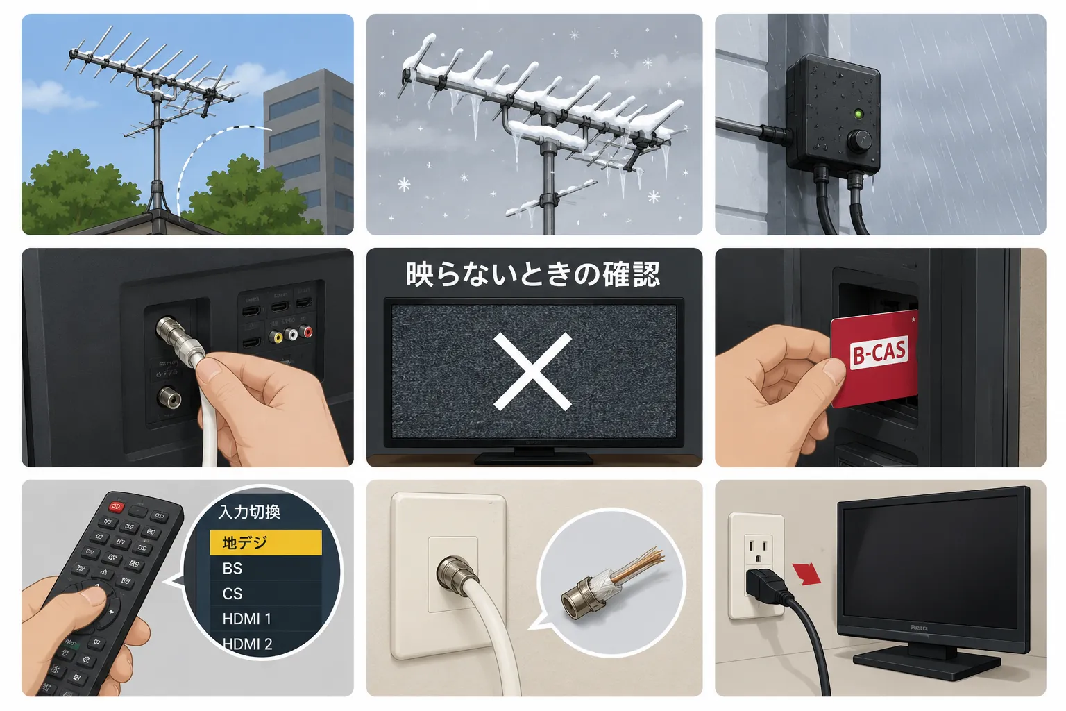 地デジが映らない時の確認ポイントを整理したイメージ