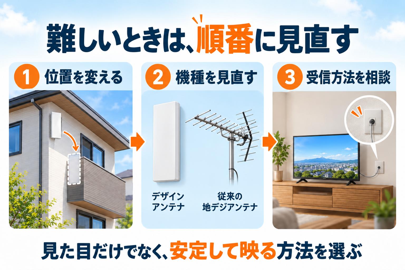 デザインアンテナの設置が難しいときに位置・機種・受信方法を見直す流れ