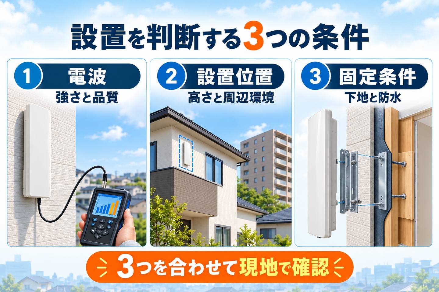 デザインアンテナの設置を判断する電波・設置位置・固定条件の3つを示す図