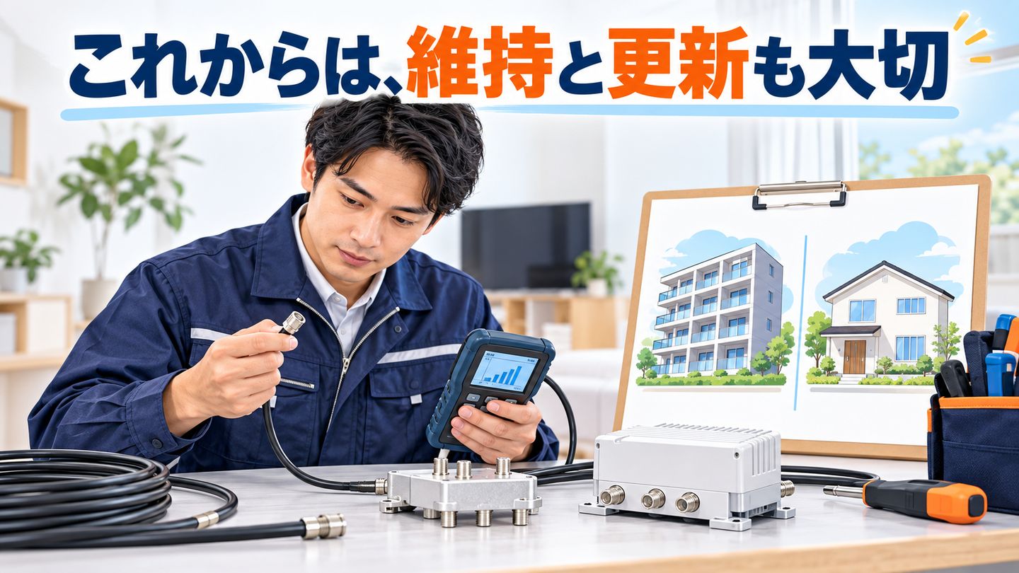 作業台で同軸ケーブルや受信機器を確認する技術者のイメージ