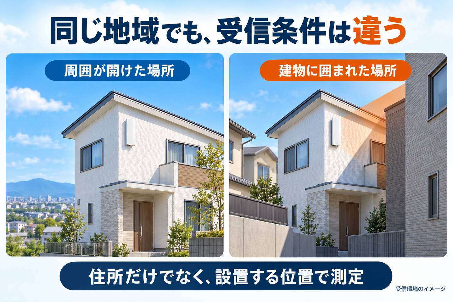 周囲が開けた住宅と建物に囲まれた住宅の受信環境を比較するイラスト