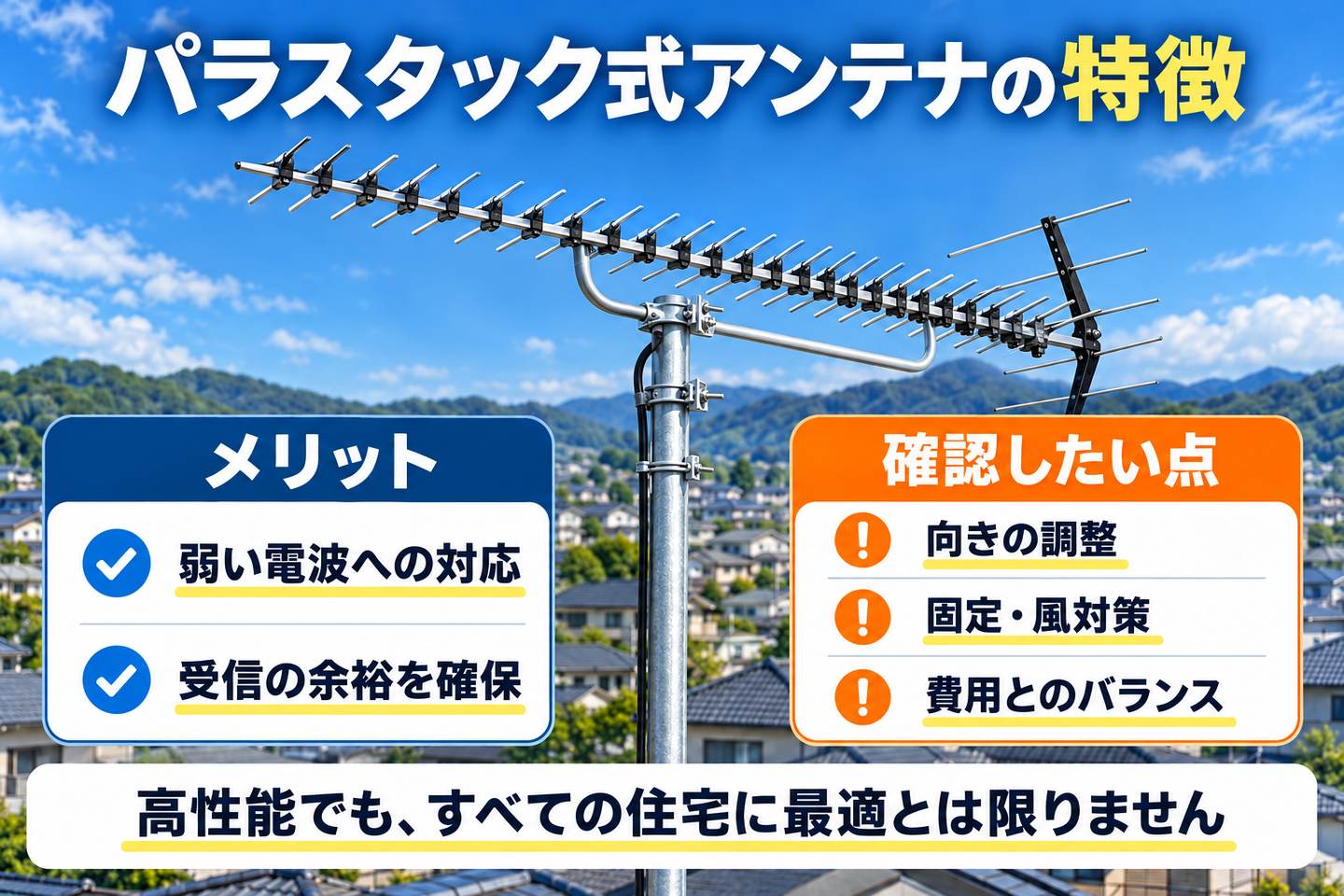 パラスタック式アンテナのメリットと向き調整・固定・費用の確認点をまとめたイメージ図