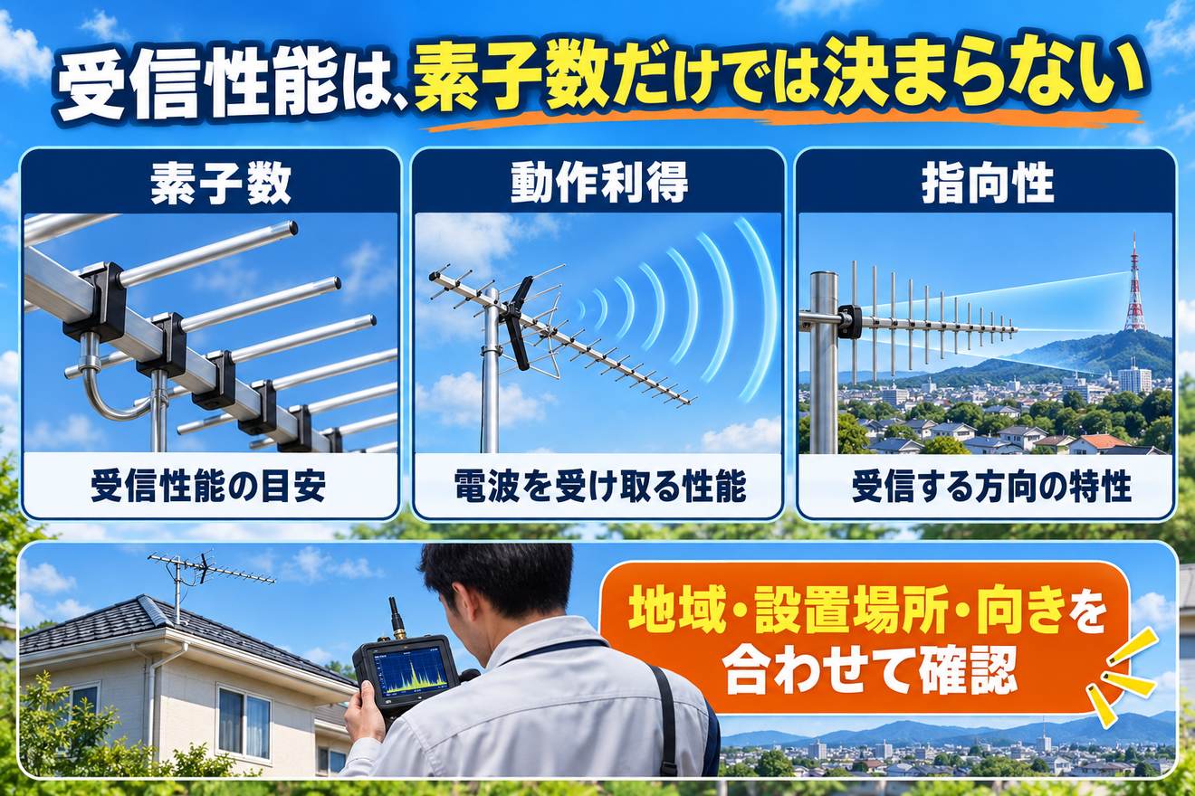 地デジアンテナの素子数・動作利得・指向性と設置環境の関係を示す図