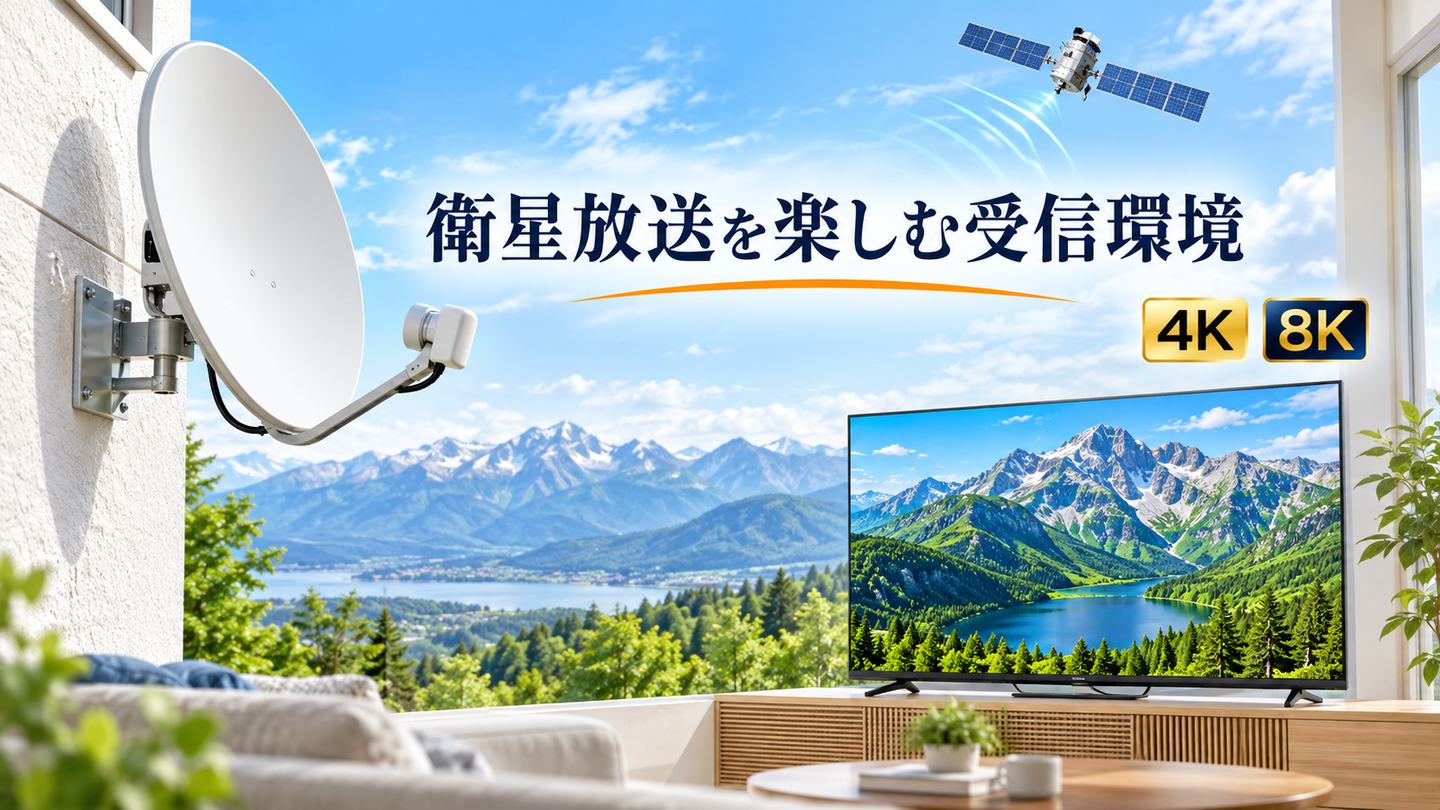 BSアンテナと高精細なテレビ画面で表した4K8K衛星放送の受信環境イメージ