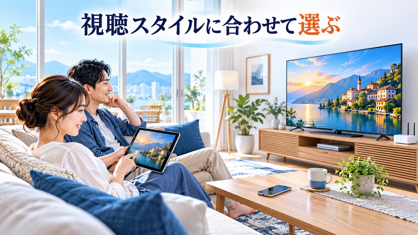 リビングでテレビとタブレットを楽しむ家族と多様な視聴スタイルのイメージ